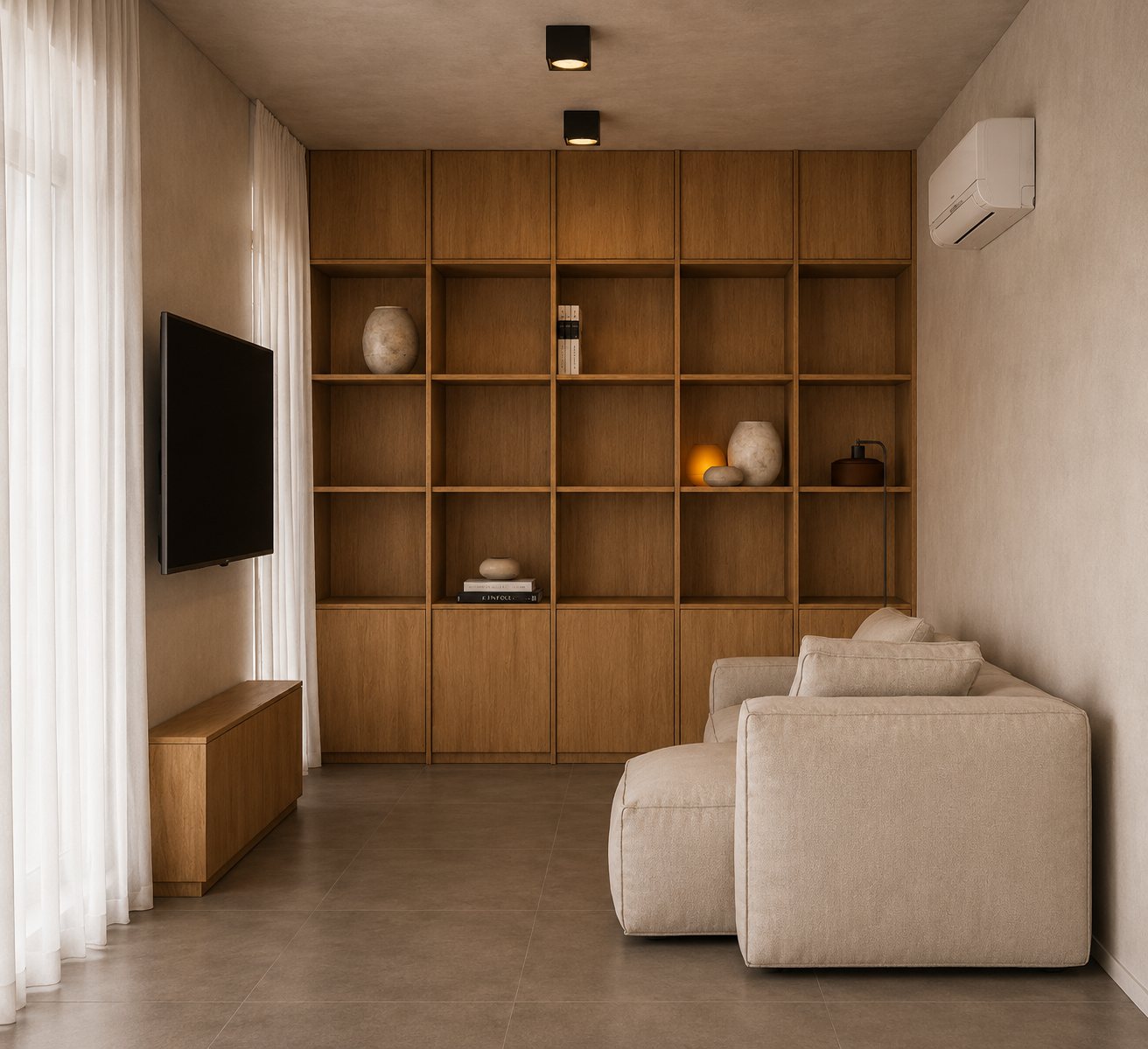 Biblioteca de madera con estantes a la vista