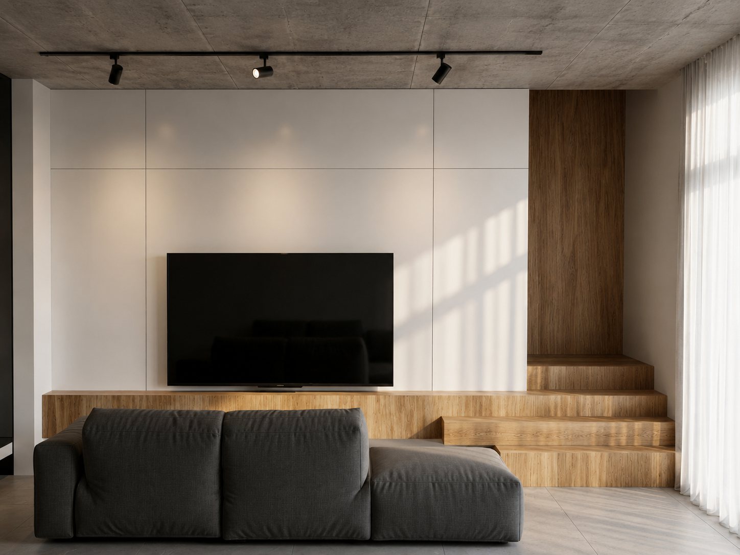 Living con escalera de madera